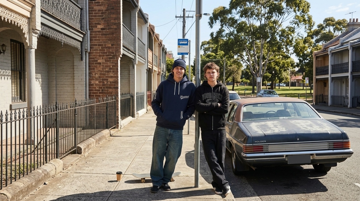 Two Australian street-style boys posing in dark Hoodrich hoodies on a residential sidewalk, perfect for a Hoodrich hoodie style guide blog cover