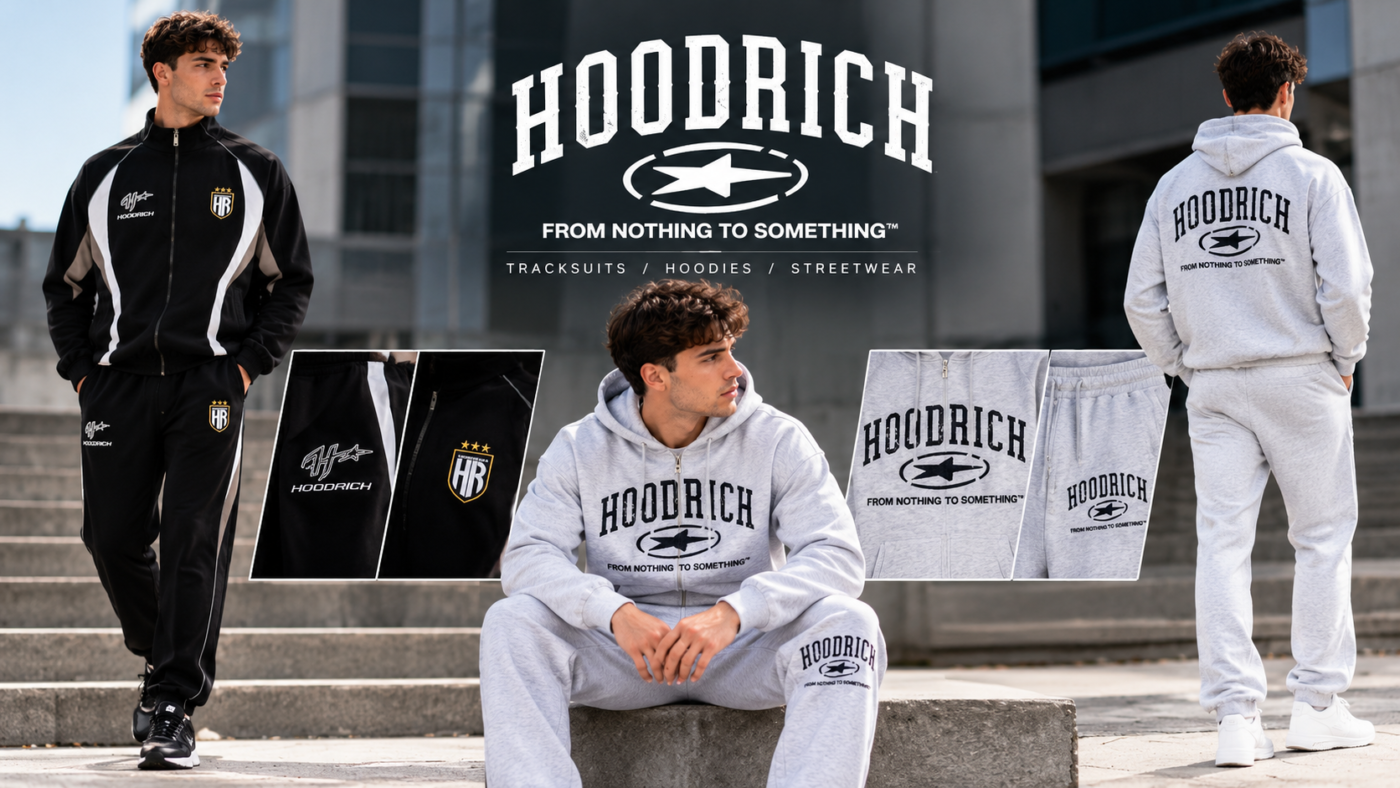 Hoodrich black and grey tracksuits featuring logo-print zip-up jackets, joggers, and hoodies modelled in an urban streetwear setting.